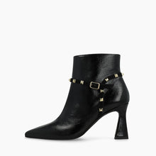 Load image into Gallery viewer, Lodi Smooth Black Leather High Heel Ankle Boot Metal Appliques |RELLE

