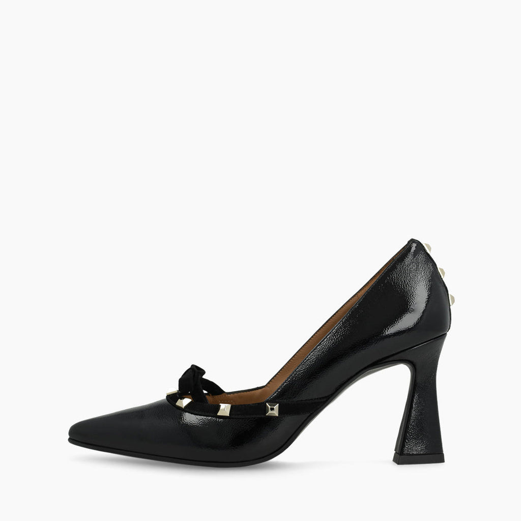Lodi Black Patent High Heel Pump With Bow and Metal Studs|RERIS