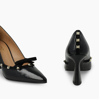 Lodi Black Patent High Heel Pump With Bow and Metal Studs|RERIS