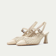 Load image into Gallery viewer, Beige high-heeled shoes with a woven design on a light beige background
