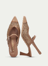 Load image into Gallery viewer, Pair of brown high-heeled shoes with detailed design on a light gray background
