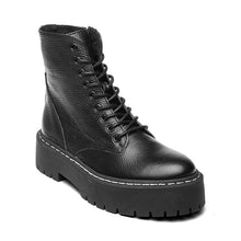 Load image into Gallery viewer, Black leather boot with a thick sole on a white background
