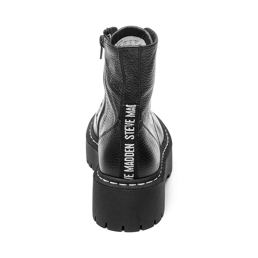 Black leather boot with brand name on a white background