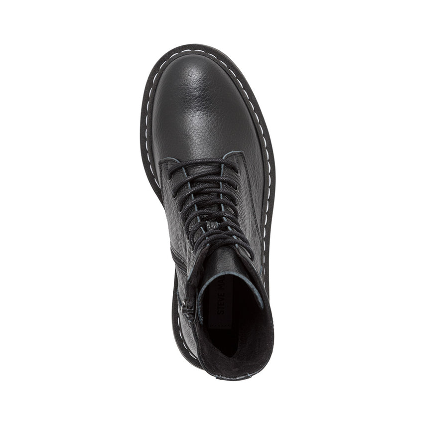 Black leather boot with lace-up design on a white background