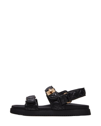 Black sandal with gold buckles on a white background
