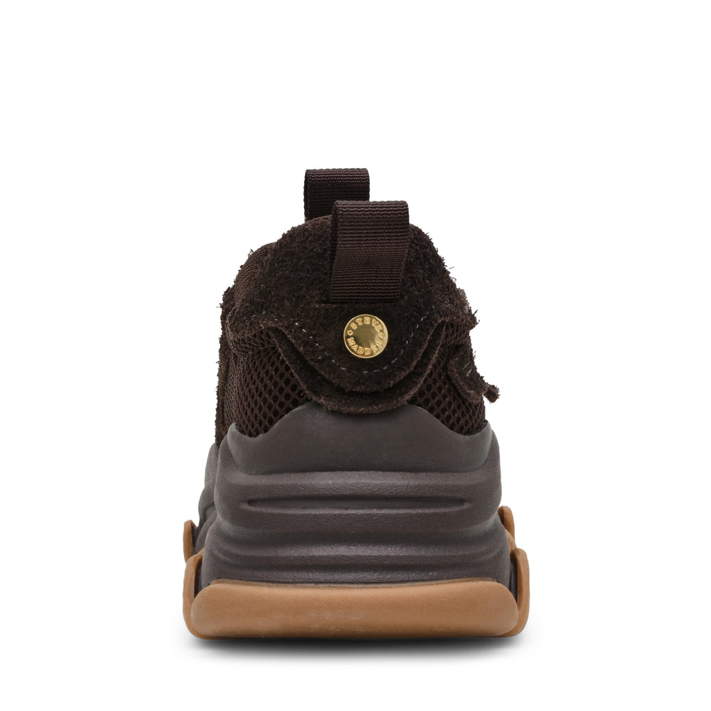 Brown sneaker with a visible brand logo on a white background