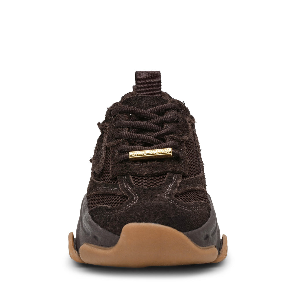 Brown sneaker with a gold accent on a white background