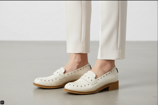 White loafer shoe on a wooden surface with a white wall background