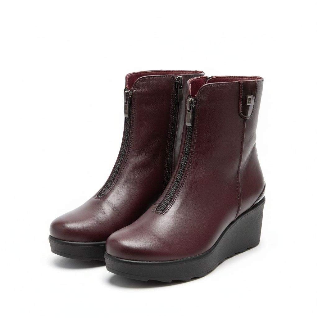 A pair of women's ankle boots in burgundy leather with black wedge soles and side zippers, shown against a plain off-white background.