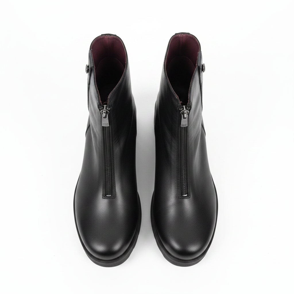 A pair of black leather ankle boots with side zippers, shown from the front on a plain white surface against a white background.