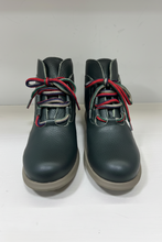 Load image into Gallery viewer, A pair of dark green pebbled leather ankle boots with multicolor striped laces (red, green, and white) and light brown soles, shown against a plain white background.
