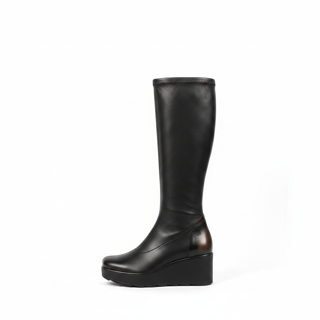 A pair of black knee-high leather boots with chunky platform wedge heels, shown from a side profile against a plain light gray wall and white floor.