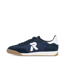 Load image into Gallery viewer, Navy blue sneaker with white sole and logo on a white background
