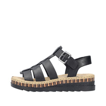 Load image into Gallery viewer, Black sandal with a strap and cork sole on a white background

