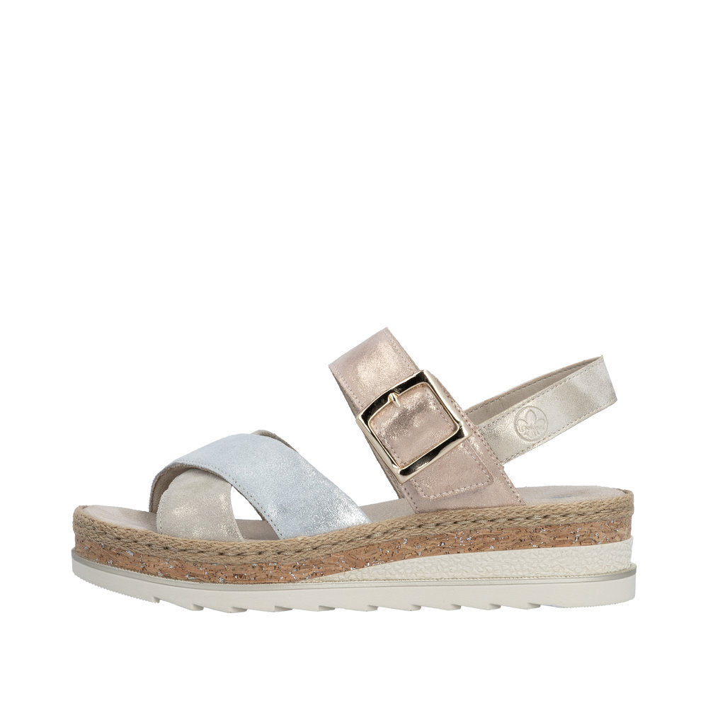 Silver sandal with cork sole on a white background