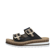 Load image into Gallery viewer, Black sandal with gold buckles on a white background
