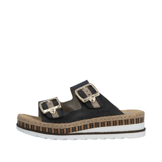 Black sandal with gold buckles on a white background