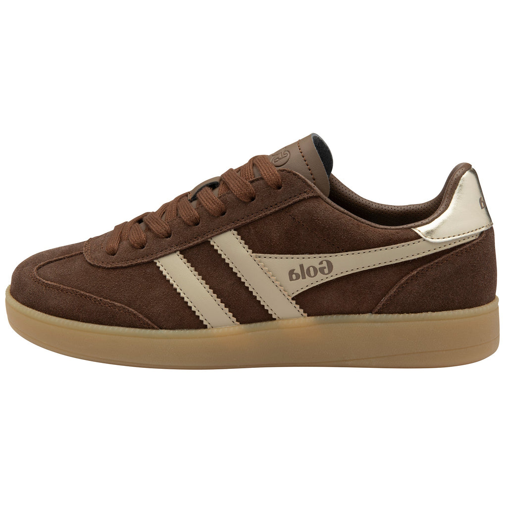 Brown sneaker with white stripes on a white background