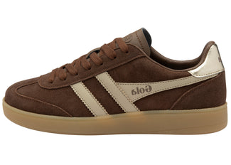 Brown sneaker with white stripes on a white background
