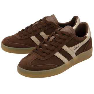 Brown sneaker with white stripes on a white background