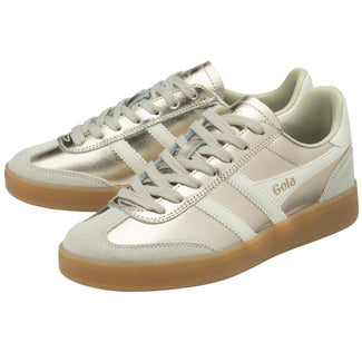 Silver sneaker with 'Gola' branding on a white background