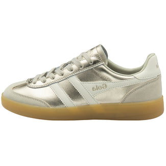 Silver sneaker with 'Gola' branding on a white background