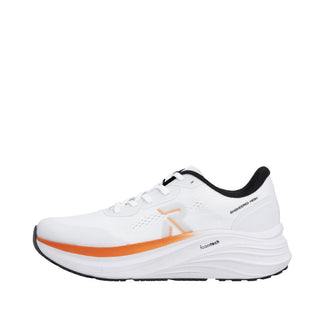 White running shoe with orange accent on a white background