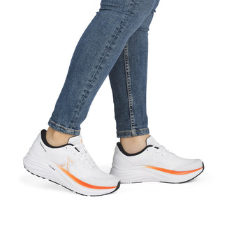 White running shoe with orange accent on a white background