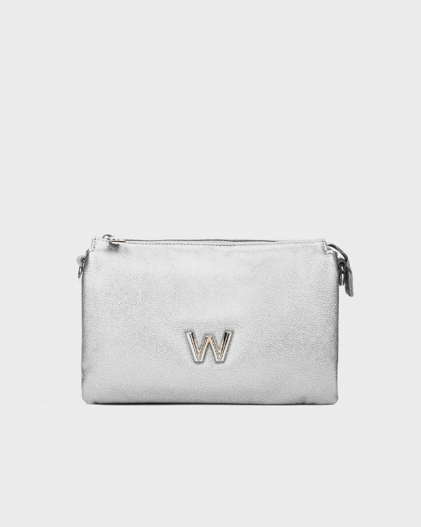 Silver clutch bag with a decorative 'W' emblem on a light gray background