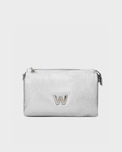 Load image into Gallery viewer, Silver clutch bag with a decorative 'W' emblem on a light gray background
