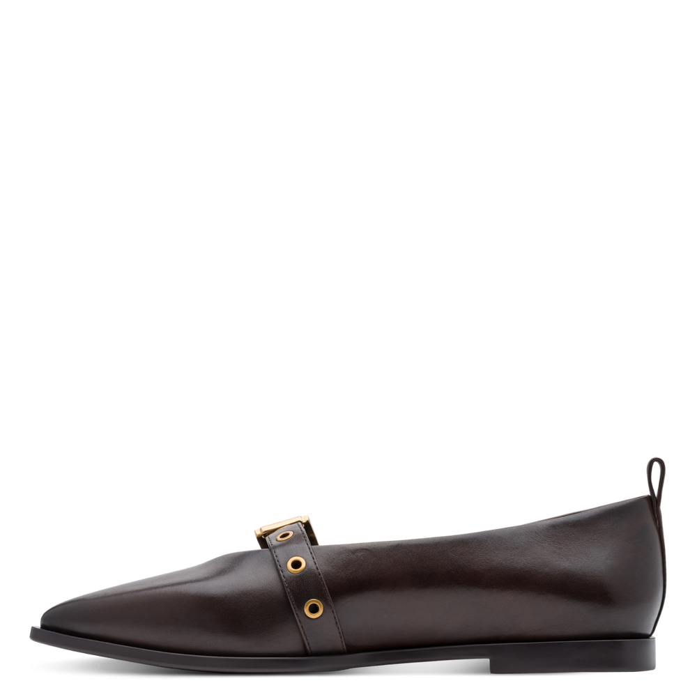 Brown leather flat shoe with gold accents on a white background