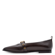 Load image into Gallery viewer, Brown leather flat shoe with gold accents on a white background
