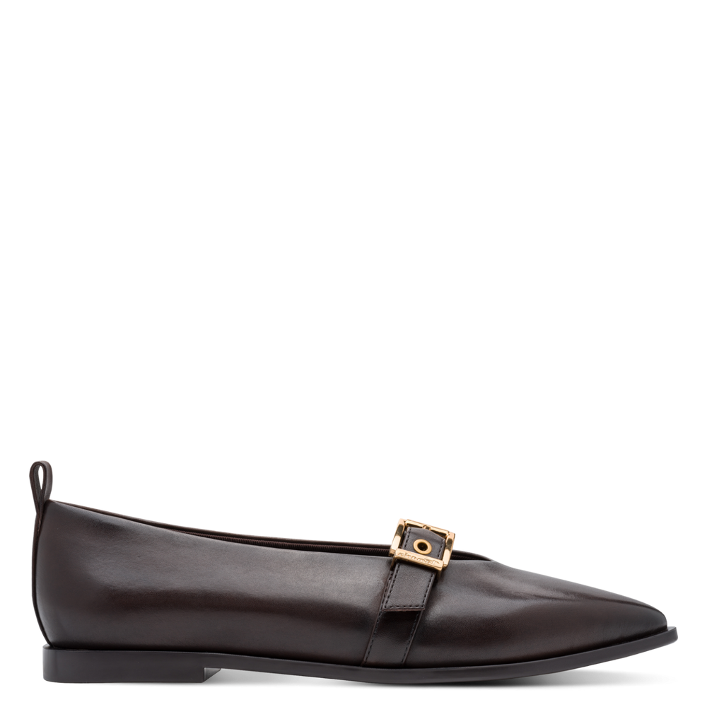 Brown leather flat shoe with a gold buckle on a white background