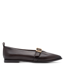 Load image into Gallery viewer, Brown leather flat shoe with a gold buckle on a white background
