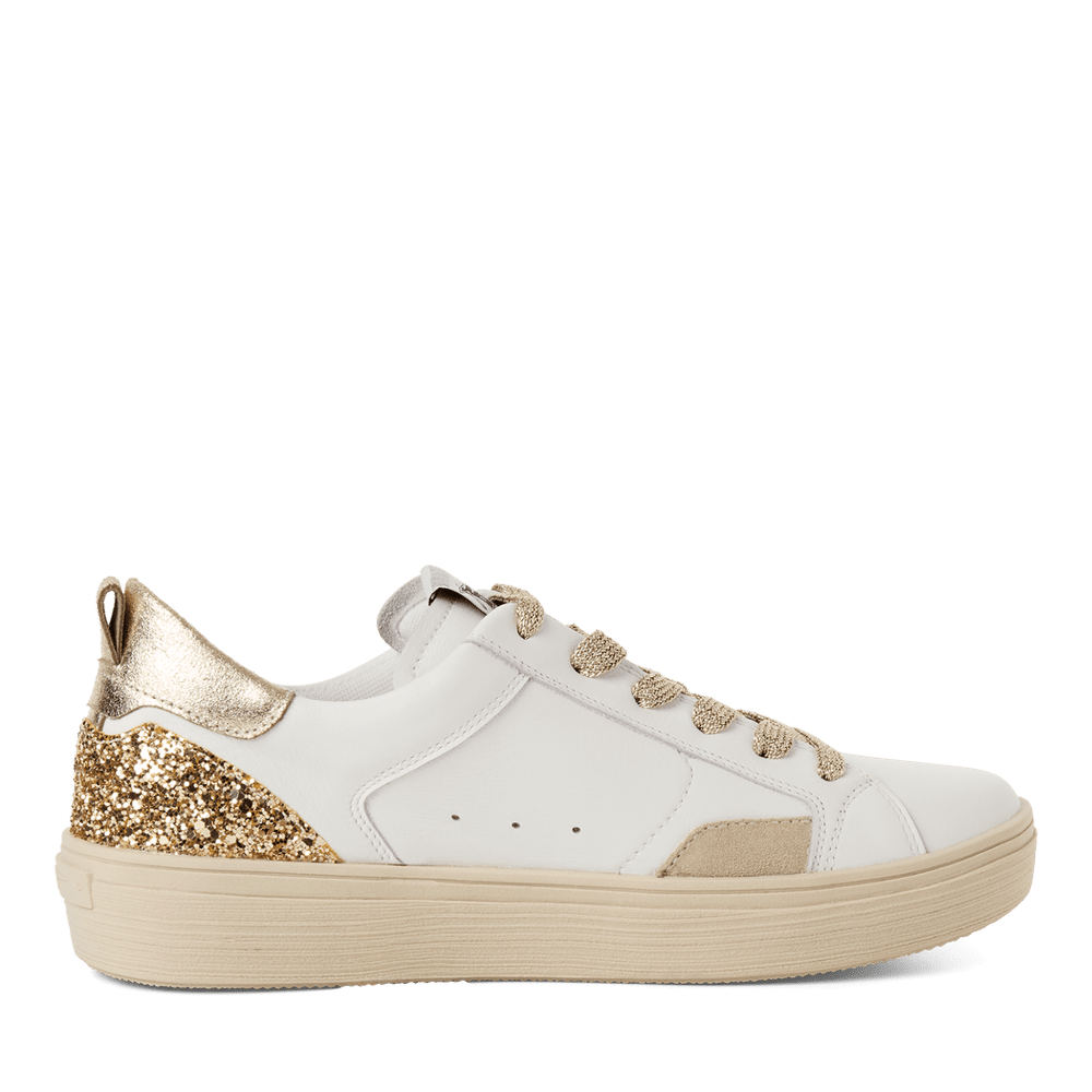 Tamaris White and Gold Leather Trainer|123706973