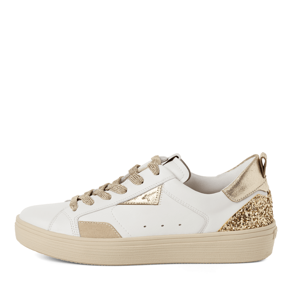 Tamaris White and Gold Leather Trainer|123706973