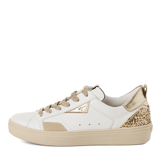 Tamaris White and Gold Leather Trainer|123706973