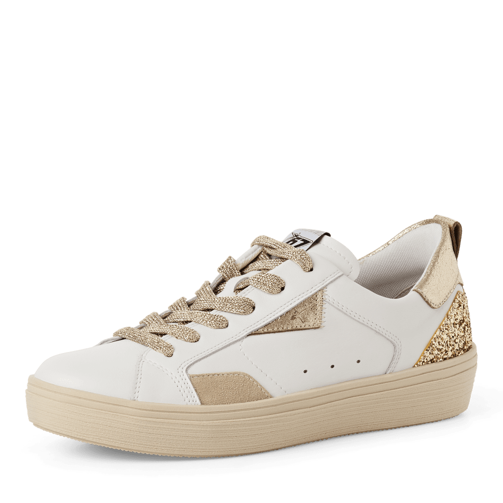 Tamaris White and Gold Leather Trainer|123706973