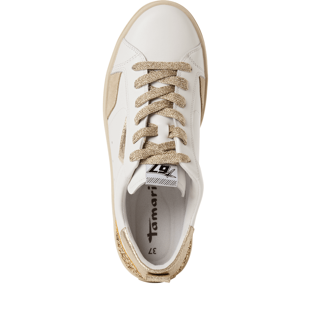 Tamaris White and Gold Leather Trainer|123706973