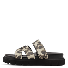 Load image into Gallery viewer, Leopard print slide sandals with black platform sole on a transparent background
