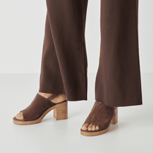 Load image into Gallery viewer, Brown suede sandals worn with brown pants on a light gray background
