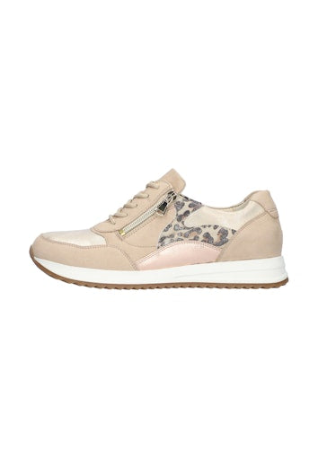 Beige sneaker with leopard print accent on a white background