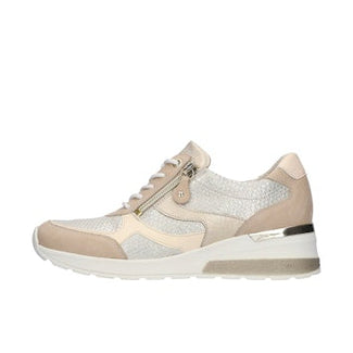 Beige and white sneaker with a zipper on a white background