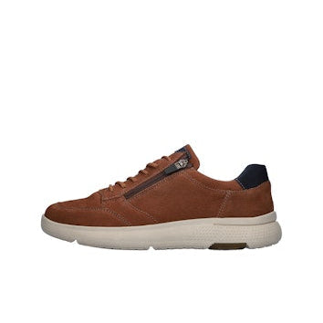 Brown sneaker with a white sole on a white background
