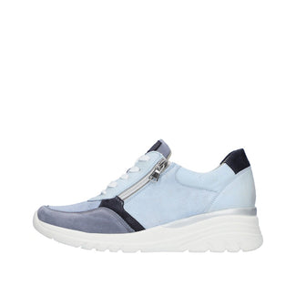 Light blue sneaker with black accents on a white background