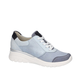 Light blue sneaker with black accents on a white background
