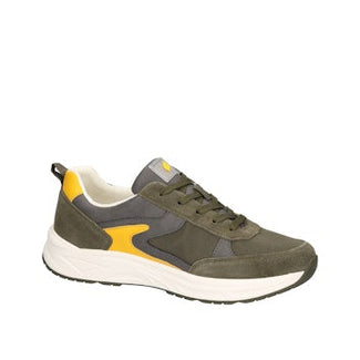 Sneaker with green, gray, and yellow design on a white background