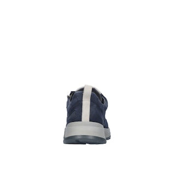 Navy blue sneaker with a white sole on a white background