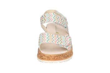 Woven sandal with a patterned strap on a white background
