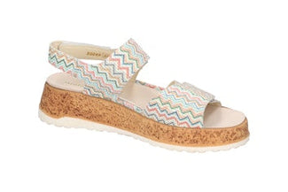 Cork sandal with a colorful zigzag strap on a white background